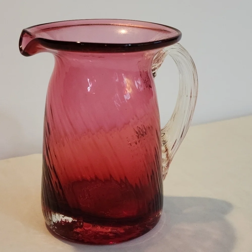 Hand Blown Cramberry Glass Creamer Syrup Pink Small Pitcher Swirl Optic